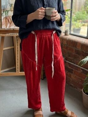 Bella Amore Made in Italy Cotton Linen-Blend Red Drawstring Pants